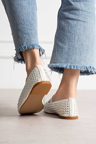 Roshin Shoes Noul sezon, balerini de damă White Stone cu toc de 1CM