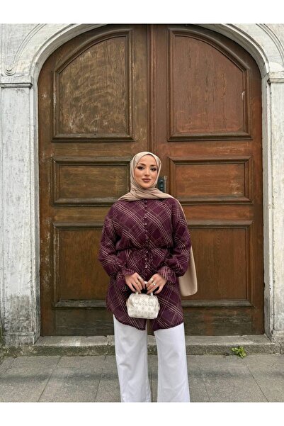 YAREN CLARA Bordo Ekose Desenli Tunik Gömlek YRN-2291