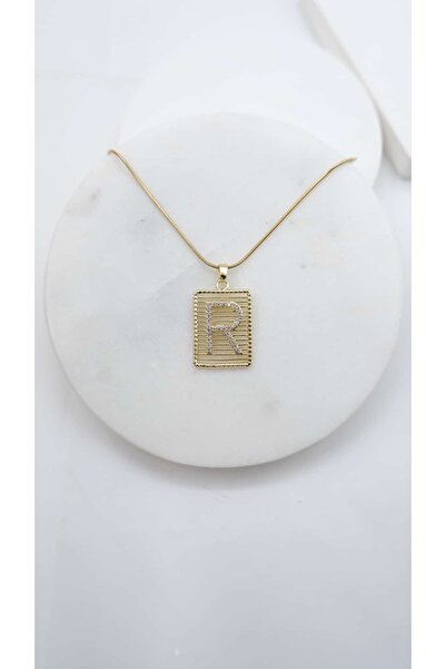 Jerie Striped Plate Letter R Necklace