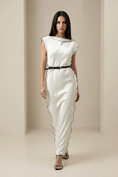 Setre Ecru Belted Full-Fit Midi Dress with Stripe and Slit Detail