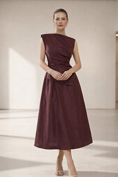 Setre Burgundy Sleeveless Waist Detailed Relaxed Fit Midi Dress