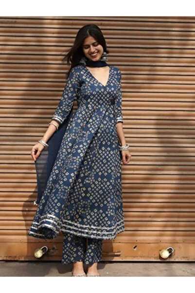 MYSMAR Navy Blue Viscose Flower Print Anarkali Set - VRN1030 | Navy Blue