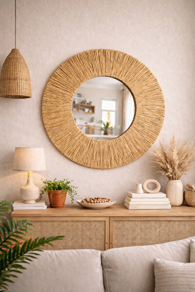 BOHEM Hasır Ayna Yuvarlak Duvar Aynası 50cm Doğal Rattan Dekoratif Salon Antr...
