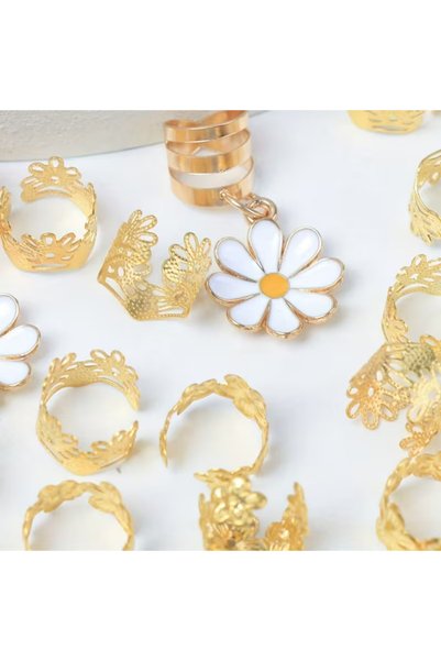 Shehlaa 32Pcs Daisy Bohemian Style Hair Rings, Hair Earrings, Gold Color, Pearl Beads, Valentine's Day