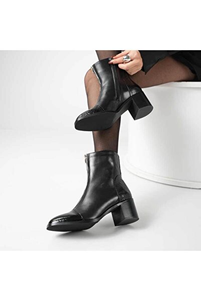Ametist Clara Black Leather Women's Boots – Crocodile Patent Leather Toe & He...