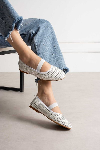 Roshin Shoes Noul sezon, balerini de damă White Stone cu toc de 1CM