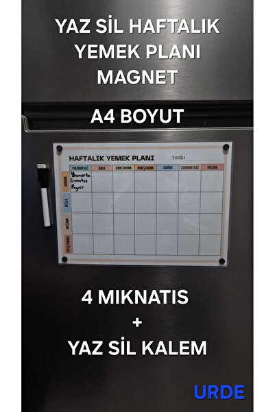 URDE Yaz Sil Haftalık Yemek Planı Magnet A4–Buzdolabı İçin Manyetik Menü Plan...