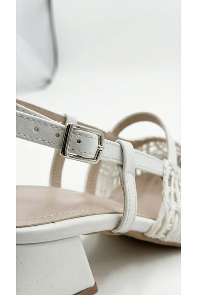 Limeo Women's Heeled Lace-Looking Ankle-Strapped Daily Summer Ballerinas with Middle Straps