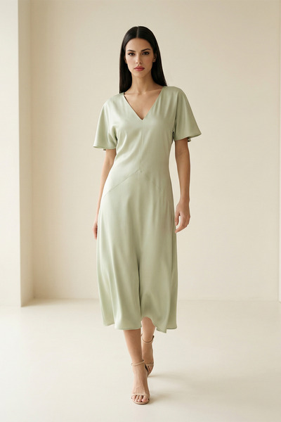 Setre Nil Green V-Neck Short Sleeve Midi Relaxed Fit Dress