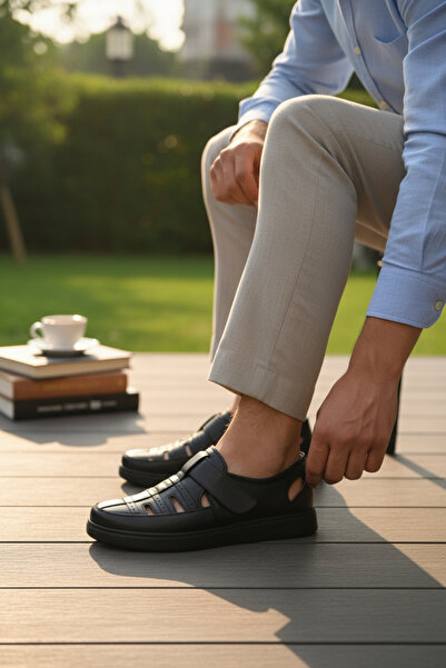 enoch Erkek Siyah Kapalı Burun Cırtlı Düz Taban Sandalet