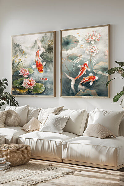 STARYUNA Wooden Framed Double Painting Set with Water Lilies and Koi Fish Yun...