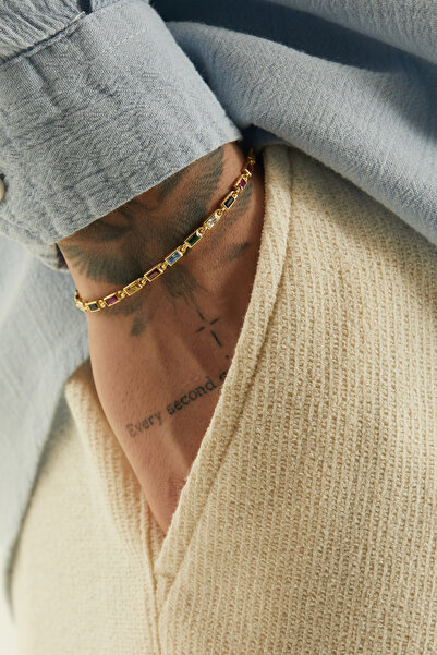 Fjellor LINEA 925 Ayar 14K Altın Kaplama Gümüş Çok Renkli İnce Baget Taşlı Er...