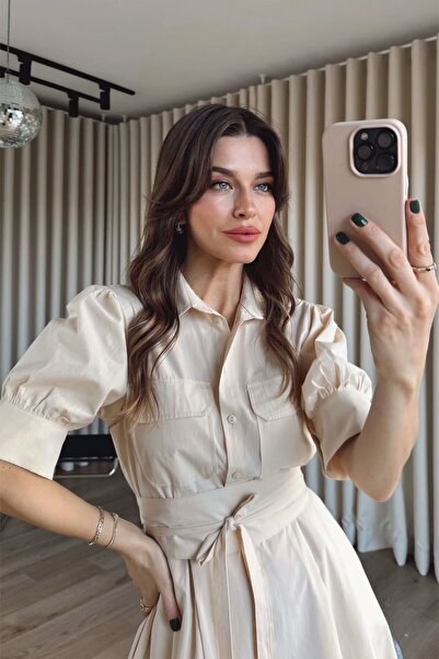 Sue Store Stone Color Balloon Sleeve Corset Detailed Shirt Dress