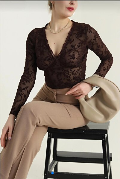 Safgiyim44 Brown Guipure Flocked Printed Women's Tulle Blouse