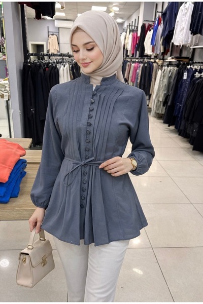 FASHION Pileli düğmeli bağlamalı gömlek