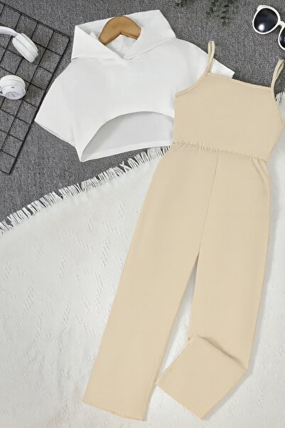 shop Pantaloni salopetă țesuți din 2 piese pentru fete, cu detaliu elastic în...