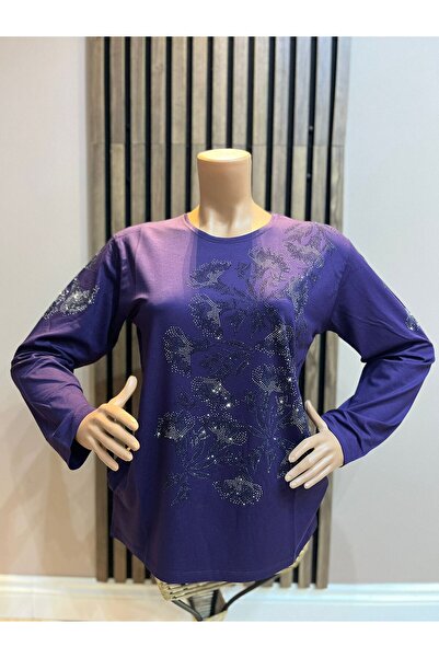 AKMAVİ Women's Middle Age and Above Round Neck Viscose Orchid Stone Mother Co...