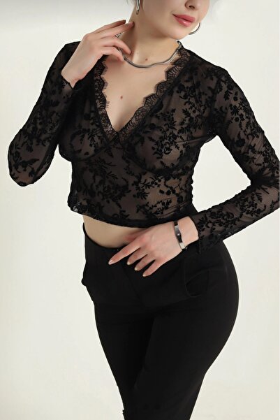 Safgiyim44 Black Guipure Flocked Printed Women's Tulle Blouse