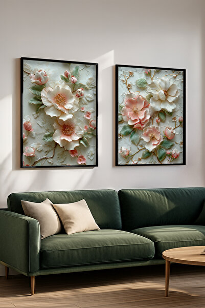 STARYUNA Black Wooden Framed Pastel Floral Double Painting Set Yuna546