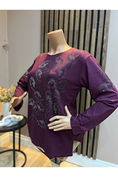 AKMAVİ Kadın Orta Yaş Ve Üzeri Turlu Viskon Orkide Taşlı Anne Penye Bluz