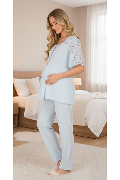 PREGNANT WORLD New Season Blue Short-Sleeved Stylish Scallop Linen Detailed D...