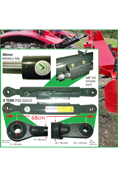 Führer 3 Ton-68cm Traktör Ortakol Hidrolik Silinder - 19mm Silinder Kafa, 3 T...