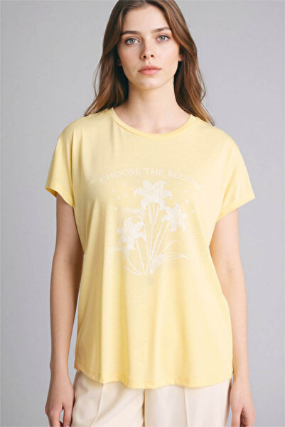 DeFacto Bisiklet Yaka Çiçekli Sarı Kadın T-Shirt G9258AX/YL507
