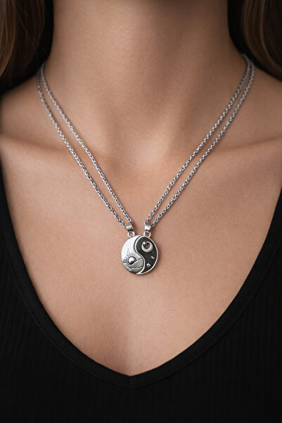 OEM Set of 2 Necklaces with Yin Yang, Sun and Moon Pendants, Silver, Unisex