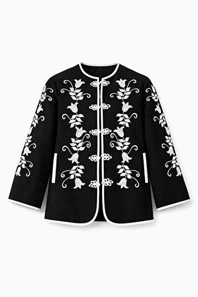 HAZELANNA Jachetă neagră din gabardină cu nasturi, stil chinezesc