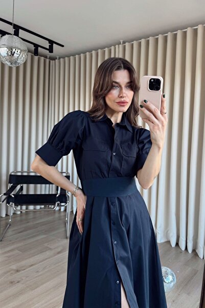 Sue Store Navy Blue Balloon Sleeve Corset Detailed Shirt Dress