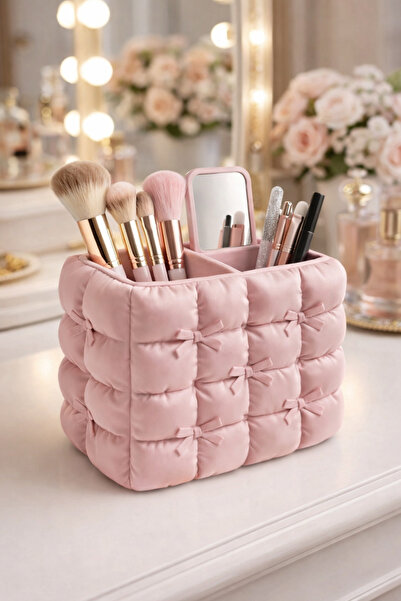 etmo 3d dizayn منظم مكياج مبطن بنمط فيونك - منظم مكياج بثلاثة أقسام