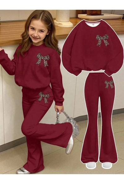 Kids Kurdele baskılı ( Bordo) İspanyol paça takım