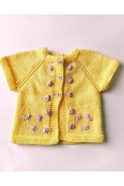 The Cloudish Shop Baby Hand Knitted Vest Yellow - with Lilac Flower Embroider...