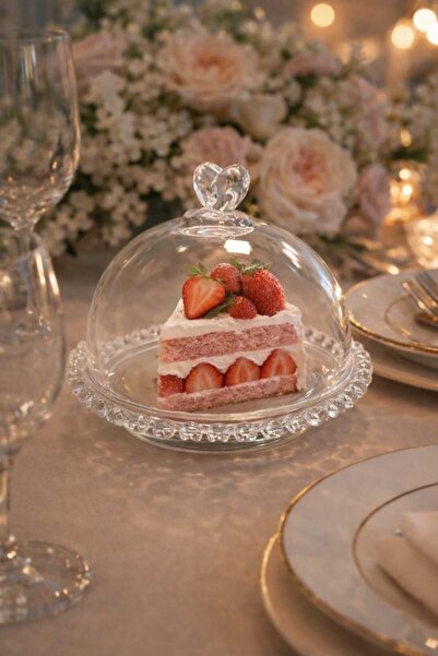 çukurova home Kek Pasta Fanus, Servis Sunumluk Boncuk Kalpli 19,5 cm