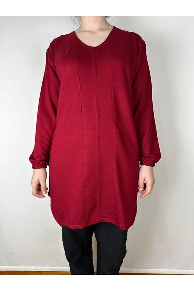 YAŞAR TRİKO Women's Burgundy Long Sleeve Ankle Elastic V-Neck Long Tunic