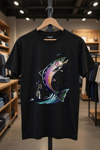 playwear Μπλουζάκι ψαρέματος με στάμπα ψαρέματος με καλάμι ψαρέματος, ψάρια λ...