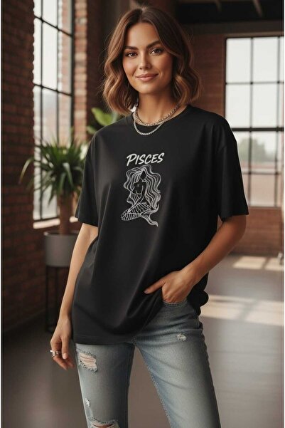 LiyAdaCo Women's Pisces Printed Black T-Shirt