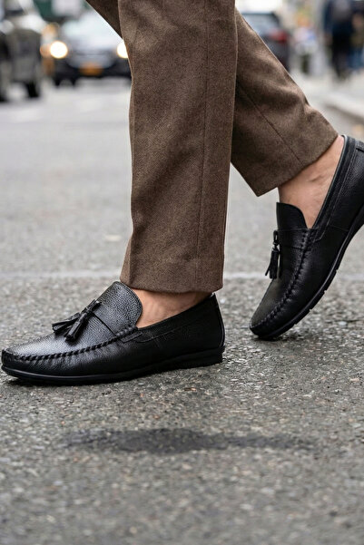 Ekonomik Ayakkabı Men's Black Tasseled Leather Loafer Moccasin – Laceless Sli...