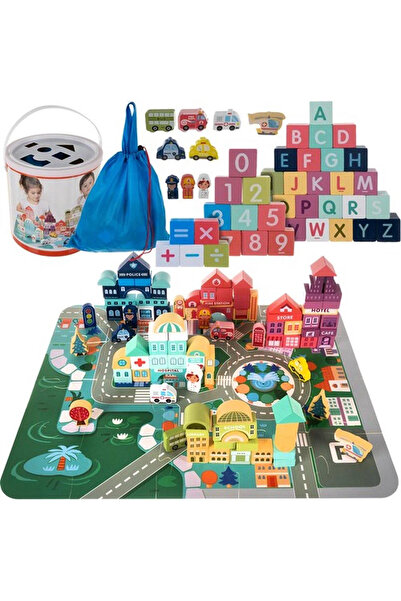 KRUZZEL Joc micul orasel din lemn cu blocuri colorate de constructie, 55cm x ...