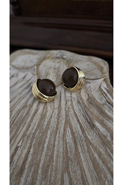 VOBEEYKU Round Black Stone Look Earrings with Half Gold Edge Detail