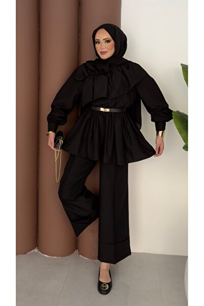 Modanurgul Qatar Fırfırlı Beli Lastikli Takım - Siyah