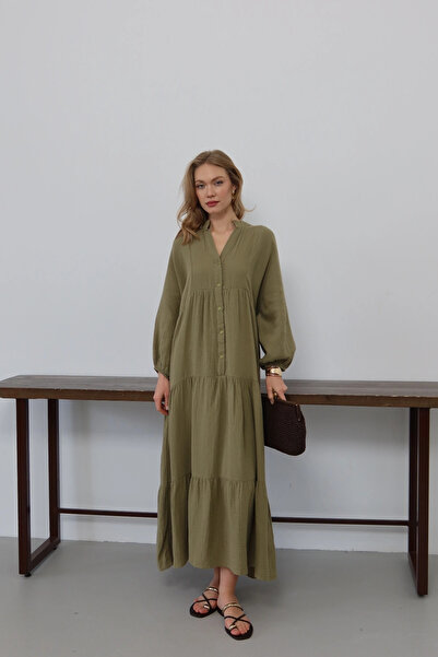 Lusin Women's Khaki Bohemian Style Muslin Fabric Comfortable Fit Lined Long S...