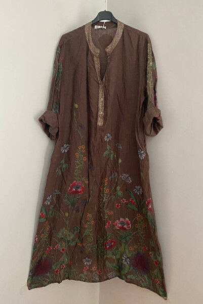 AYASOFYA OTANTIK Women's Italian Brown Sequined Collared Wildflower Pattern O...