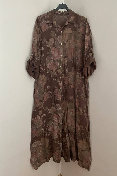 AYASOFYA OTANTIK Women's Italian Tie Dye Rose Pattern Long Sleeve Long Linen ...