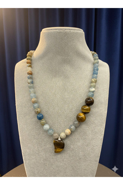 Zihintaşı Atölyesi Blue Calcite & Tiger's Eye Natural Stone Handmade Necklace