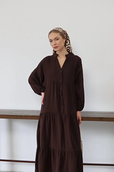 Lusin Women's Brown Bohemian Style Muslin Fabric Comfortable Fit Lined Long S...