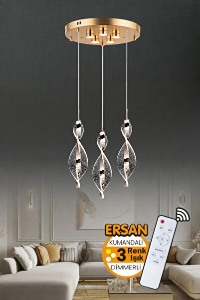 Ersan Avize Lena 3'lü Gold Kumandalı 3 Renk Işık Özellikli Dimmerli Modern Sa...