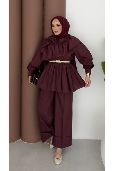 Modanurgul Qatar Fırfırlı Beli Lastikli Takım - Bordo