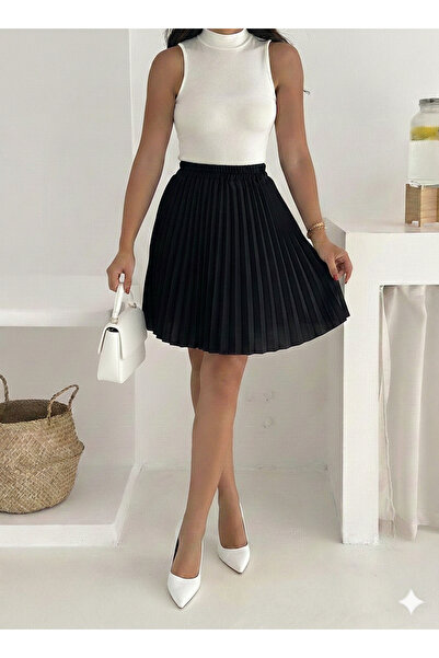 MaxiMor Women's Black Color Pleated Elastic Waist Satin Fabric Mini Skirt, Do...