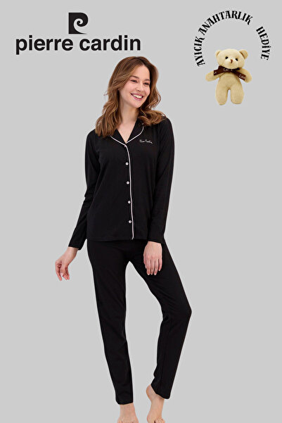 Pierre Cardin Black Modal & Cotton, Long Sleeve, Front Buttoned, Women's Paja...